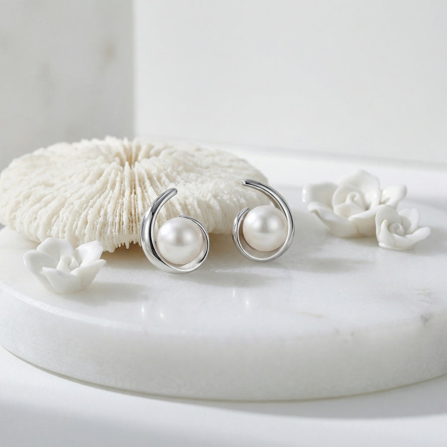 Silver Swirl Pearl Stud Earrings – pearl earrings, side detail
