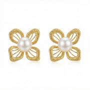 Pearl and Textured Floral Studs – pearl earrings, close-up