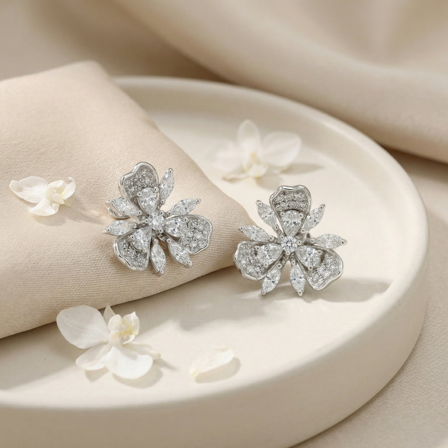 Three-Petal Floral Bloom Stud Earrings – sterling silver earrings, close-up