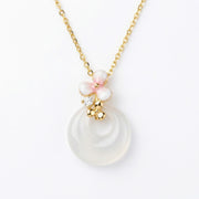 White Jade Donut Necklace, Pink Blossom – jade necklace, close-up
