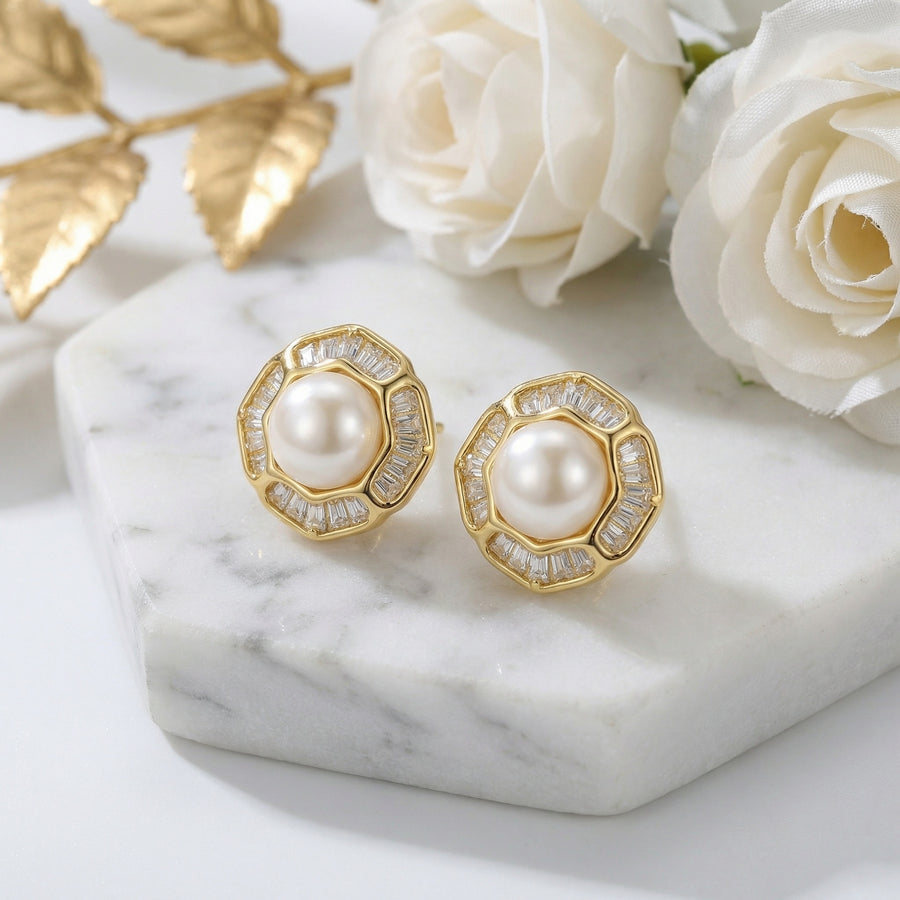 Scalloped Pearl Studs, Baguette Halo – pearl earrings, front view