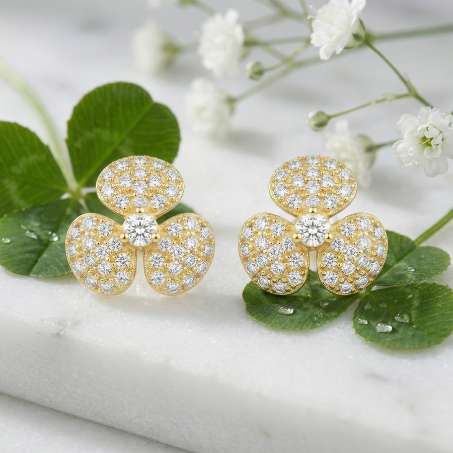 Pavé Trifoil Stud Earrings – sterling silver earrings, front view