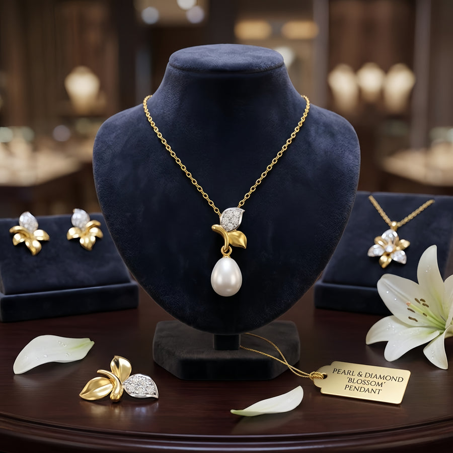 Floral Pearl Drop Necklace – pearl necklace, side detail