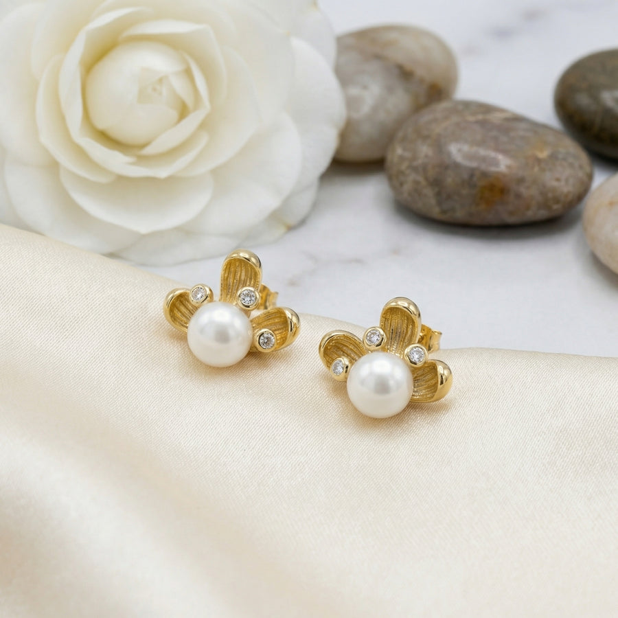 Floral Pearl Studs, Textured Petals – pearl earrings, side detail