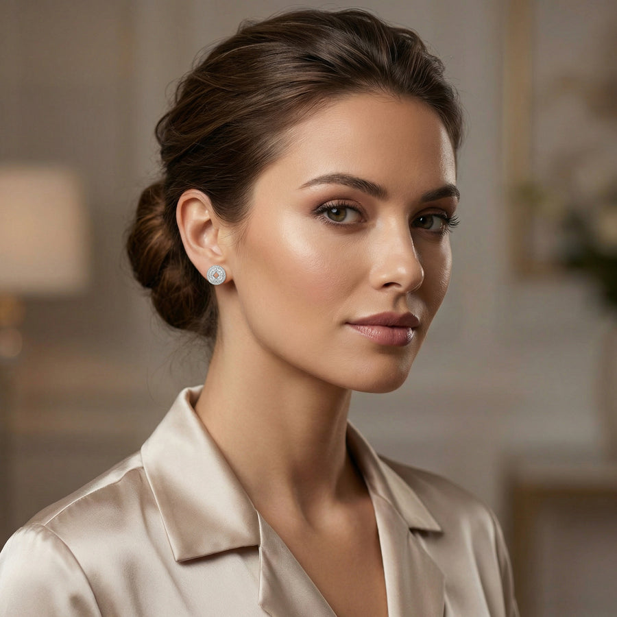Circular CZ Halo Stud Earrings – zircon earrings, side detail