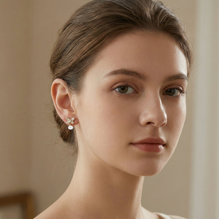 Crystal Butterfly and Pearl Drop Earrings – pearl earrings, side detail