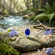 Oval Blue Sapphire Halo Necklace – sapphire necklace, front view