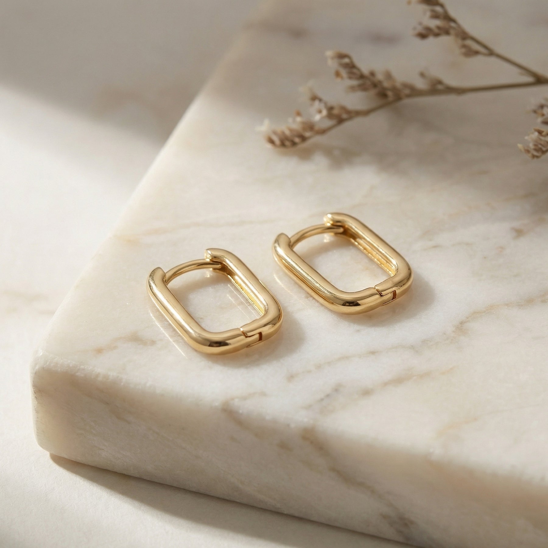 Sleek Rectangular Huggie Hoop Earrings – sterling silver earrings, close-up