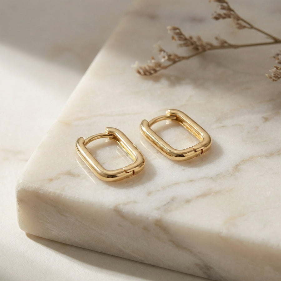Sleek Rectangular Huggie Hoop Earrings – sterling silver earrings, close-up