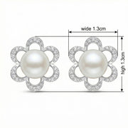 Silver Flower Pearl Stud Earrings – pearl earrings, close-up