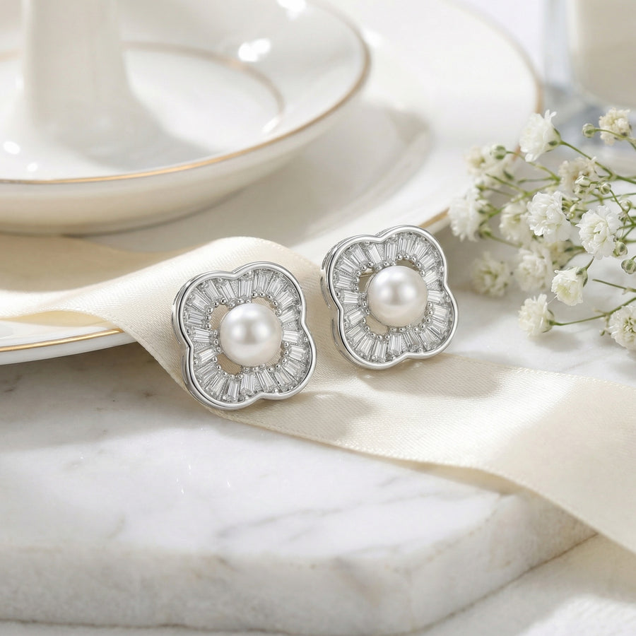 Pearl Baguette Four-Leaf Clover Studs – pearl earrings
