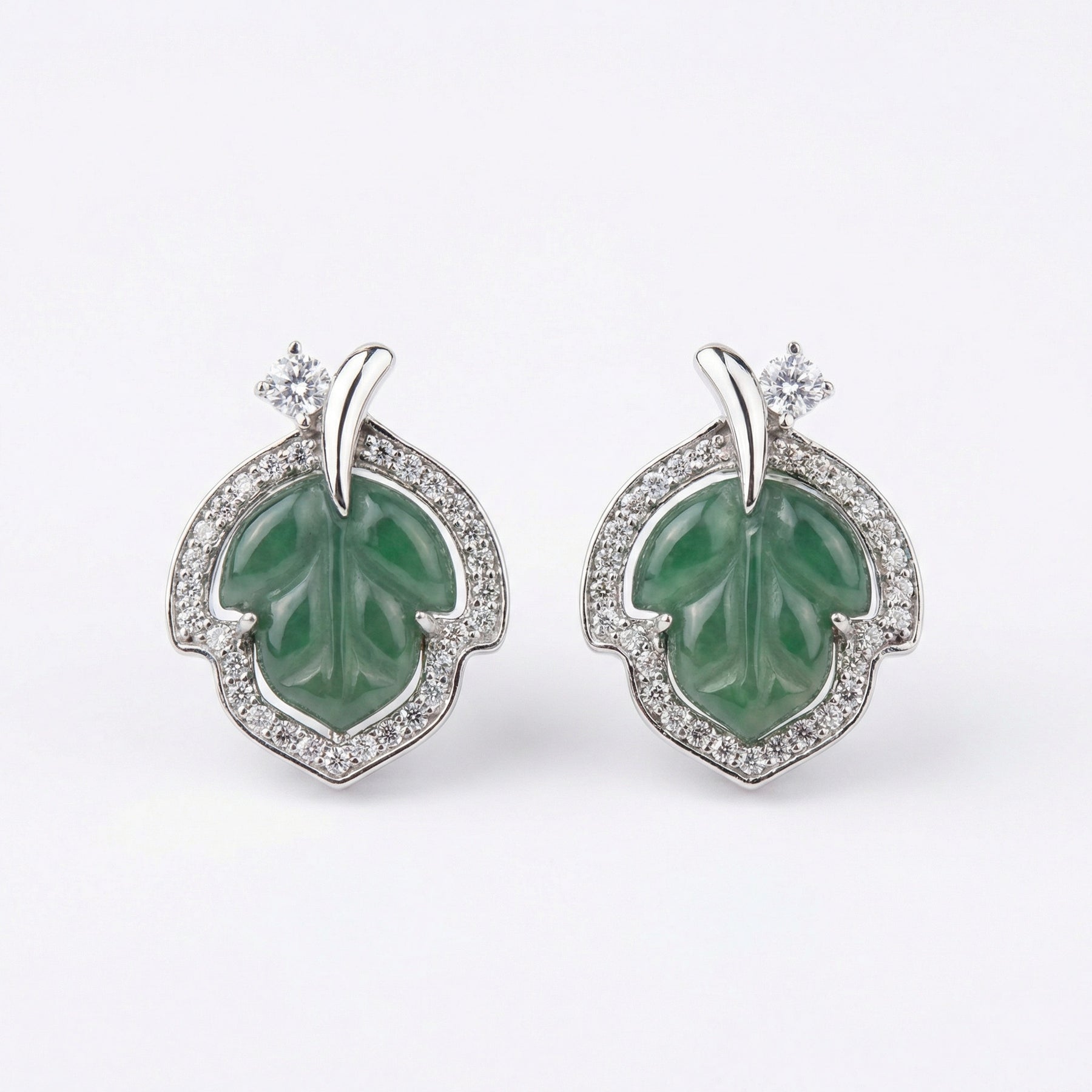 Carved Green Jade Leaf Stud Earrings – jade earrings, side detail
