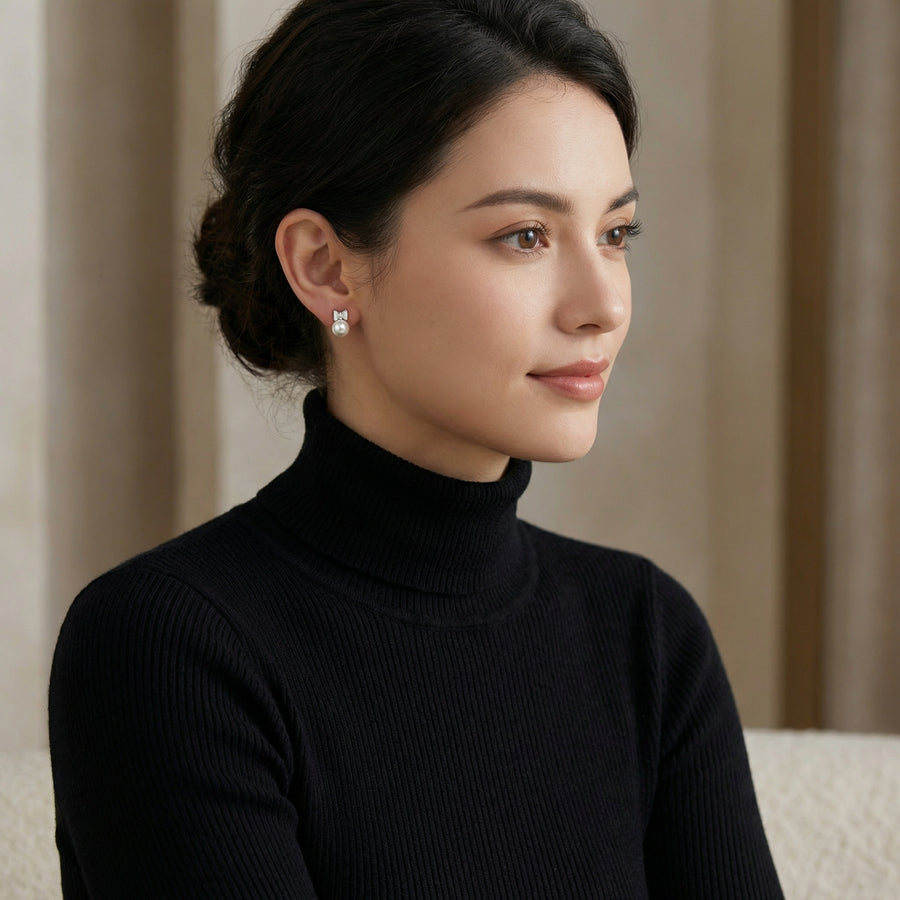 Pearl Bow Stud Earrings – pearl earrings, front view
