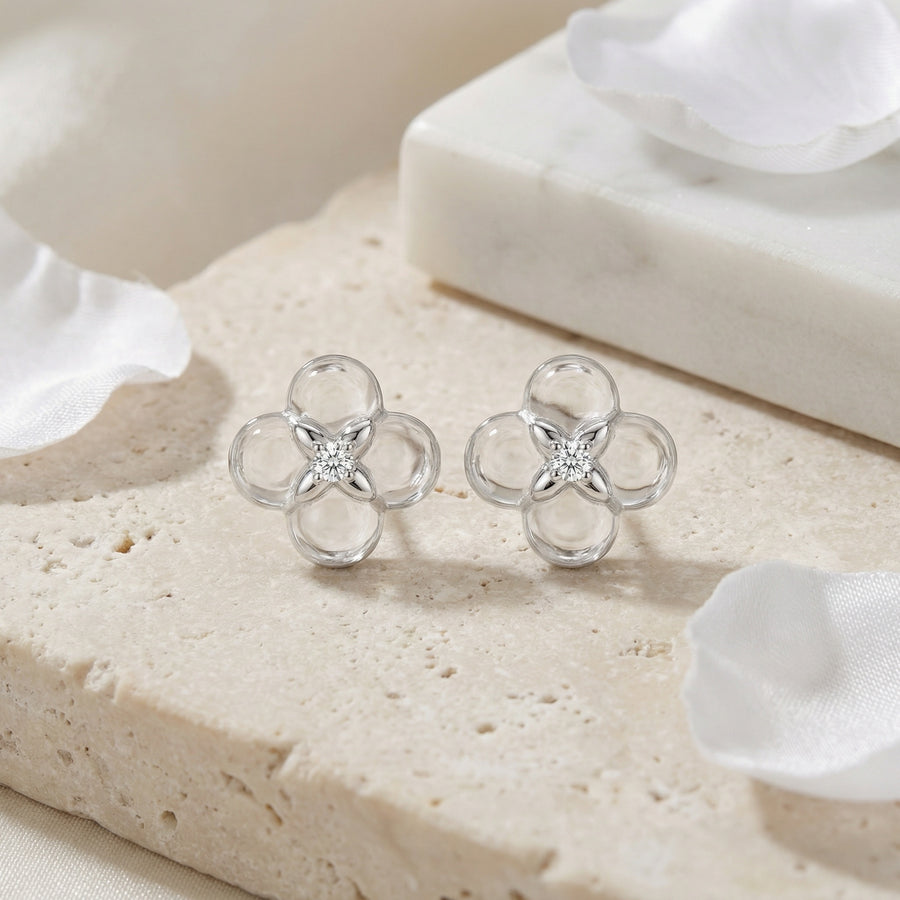 White Floral Quatrefoil Stud Earrings – sterling silver earrings, side detail