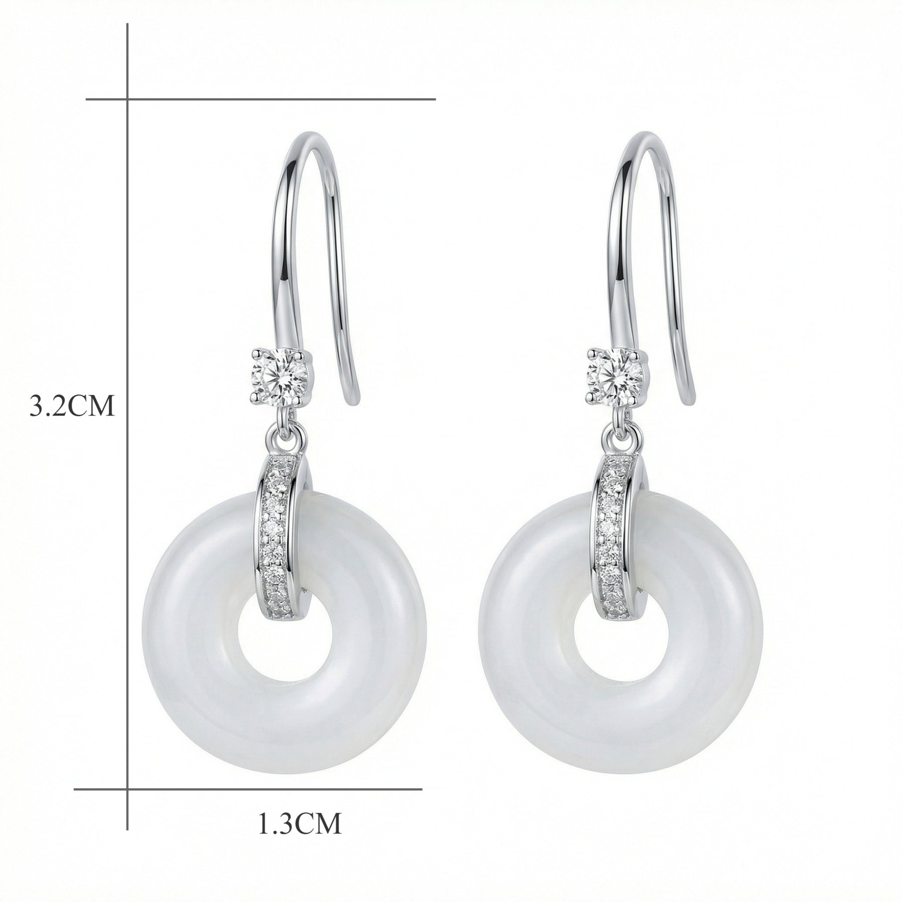 White Round Stone Drop Earrings – sterling silver earrings, close-up
