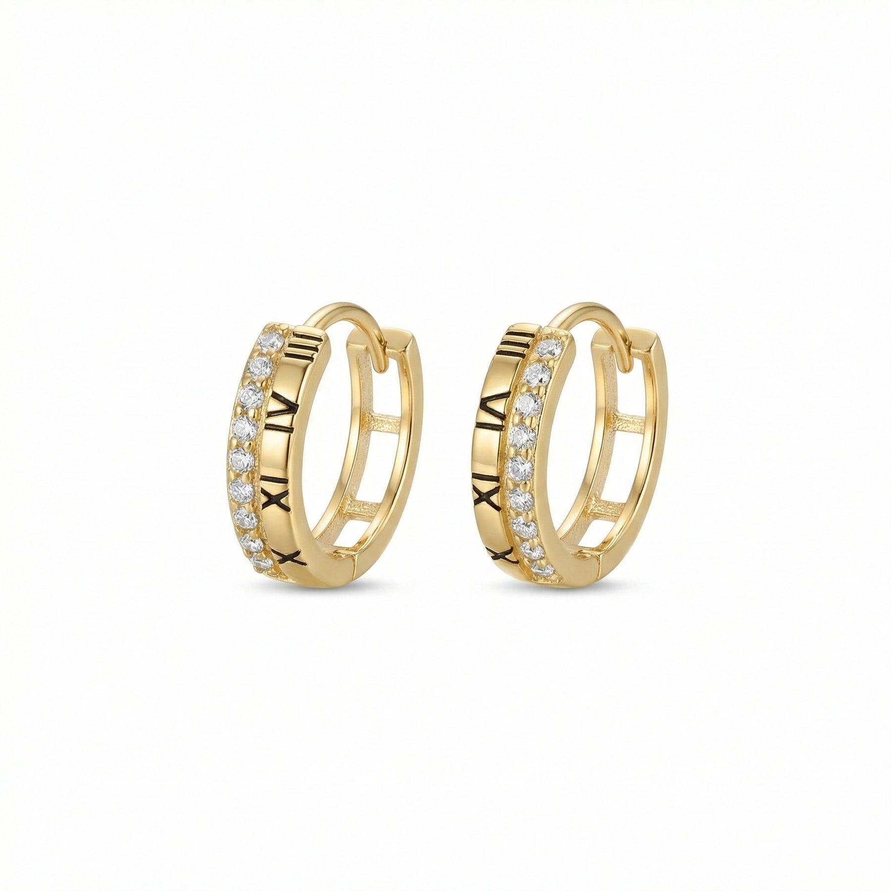 Roman Numeral Huggie Earrings – sterling silver earrings, close-up