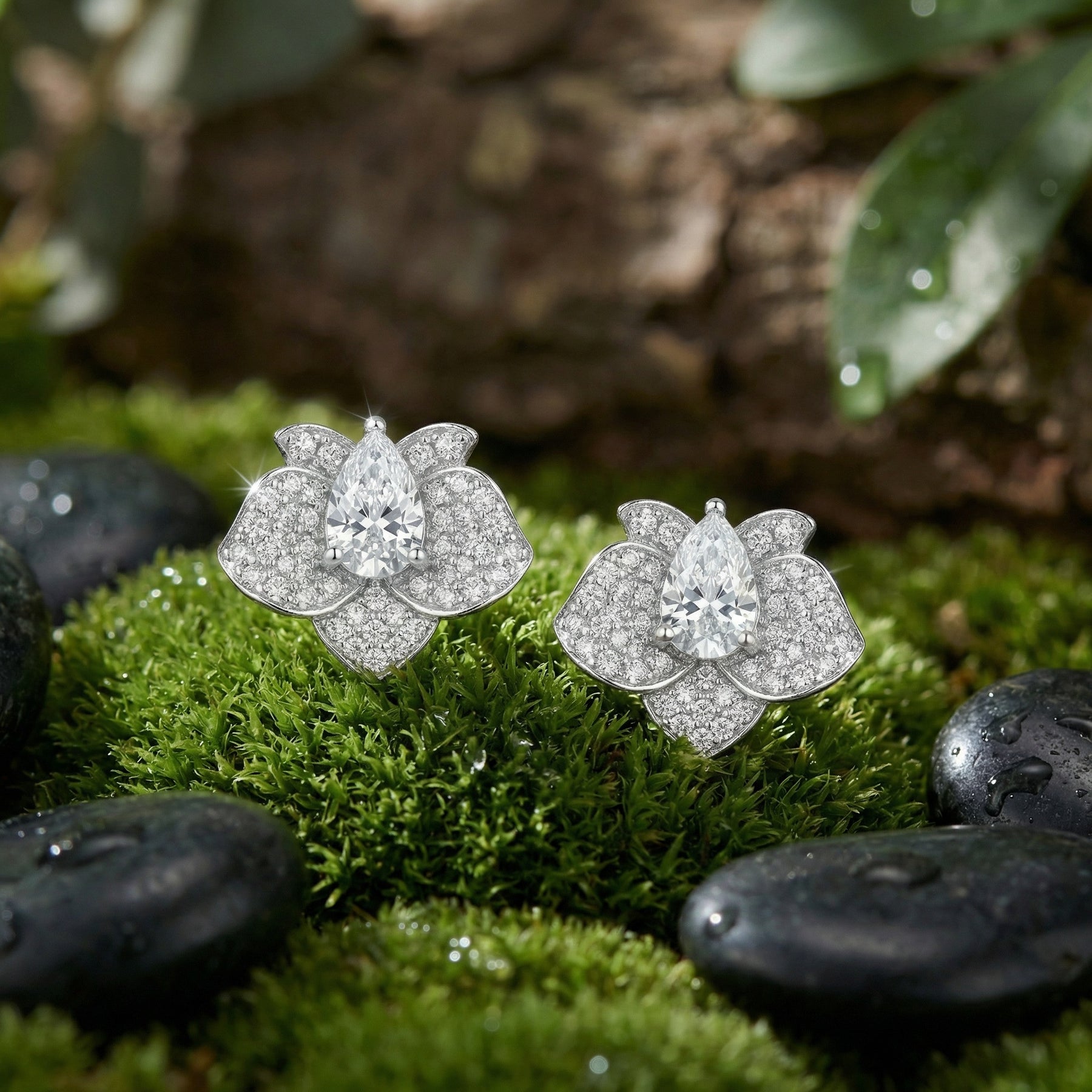 Pear-Cut Floral Stud Earrings – sterling silver earrings, front view