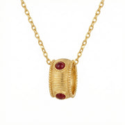 Ribbed Barrel Pendant, Red Cabochons – sterling silver necklace, close-up