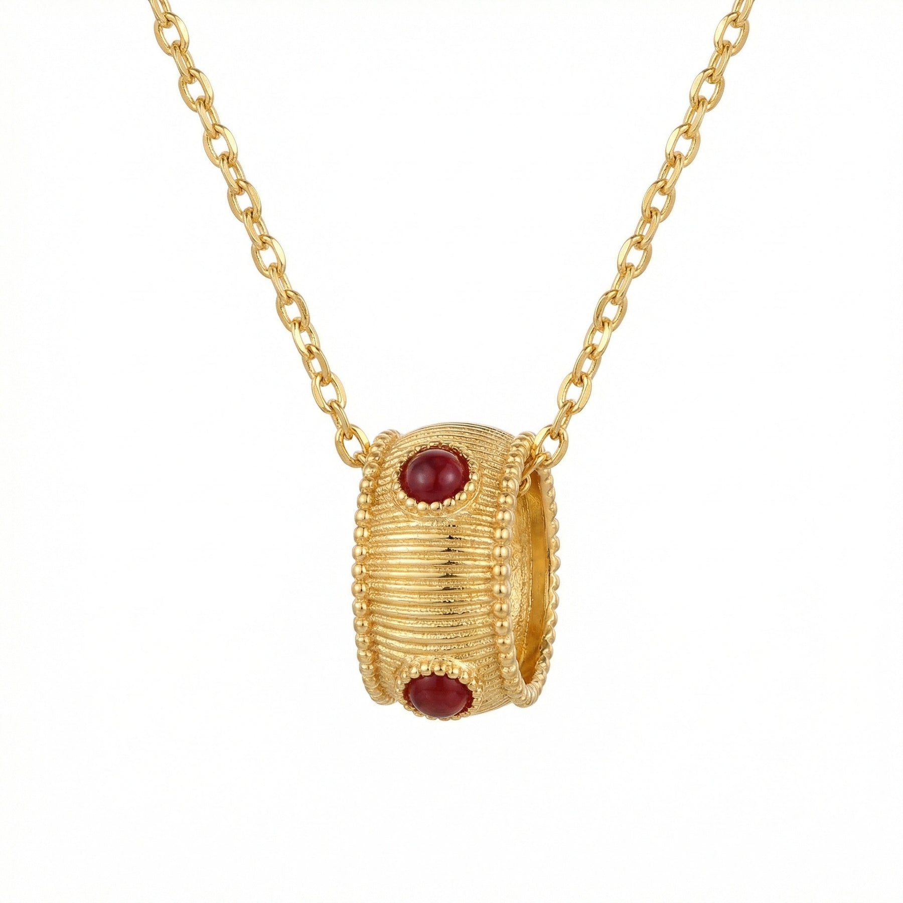 Ribbed Barrel Pendant, Red Cabochons – sterling silver necklace, close-up