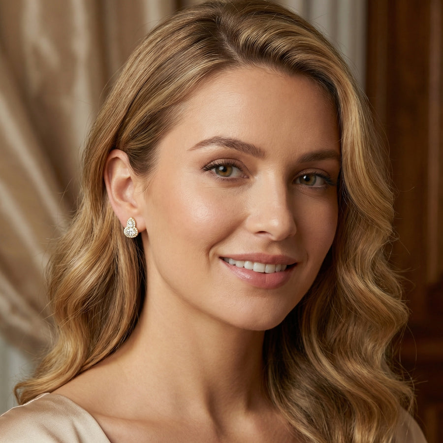 Pear and Oval Sparkling stone Halo Studs – sparkling stone earrings, side detail