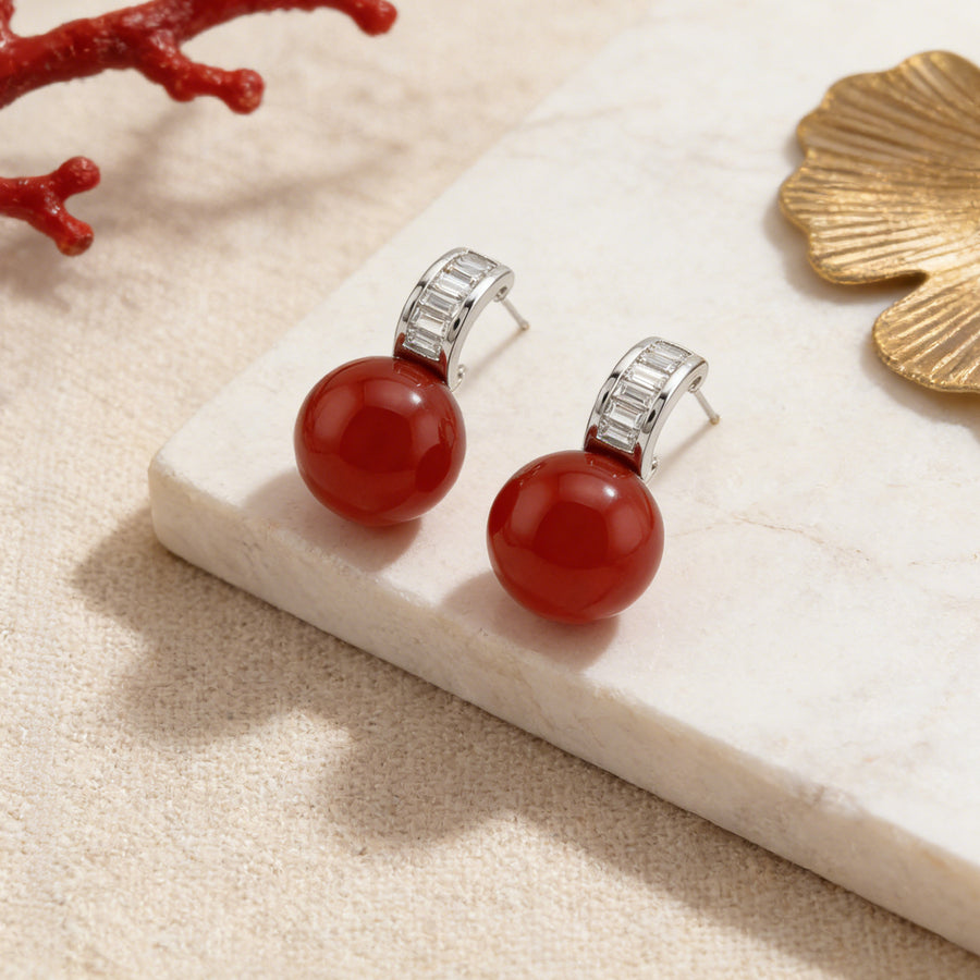 Red Coral Sphere Stud Earrings – sterling silver earrings, close-up