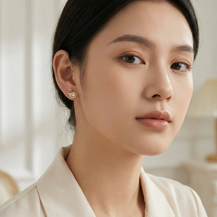 Swan Stud Earrings with Zircon Center – zircon earrings, close-up