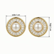 Pearl Sunburst Baguette Halo Studs – pearl earrings, front view
