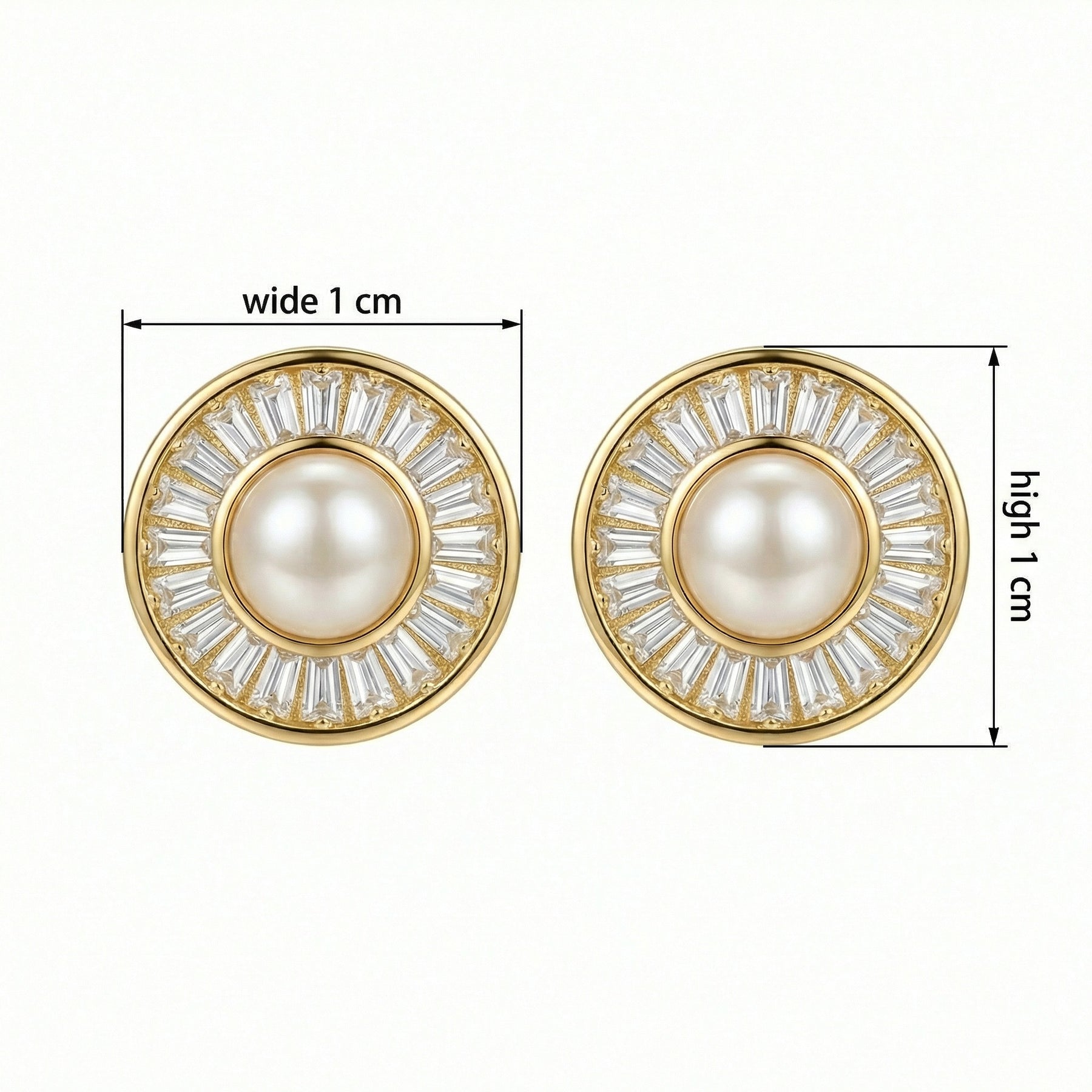 Pearl Sunburst Baguette Halo Studs – pearl earrings, front view