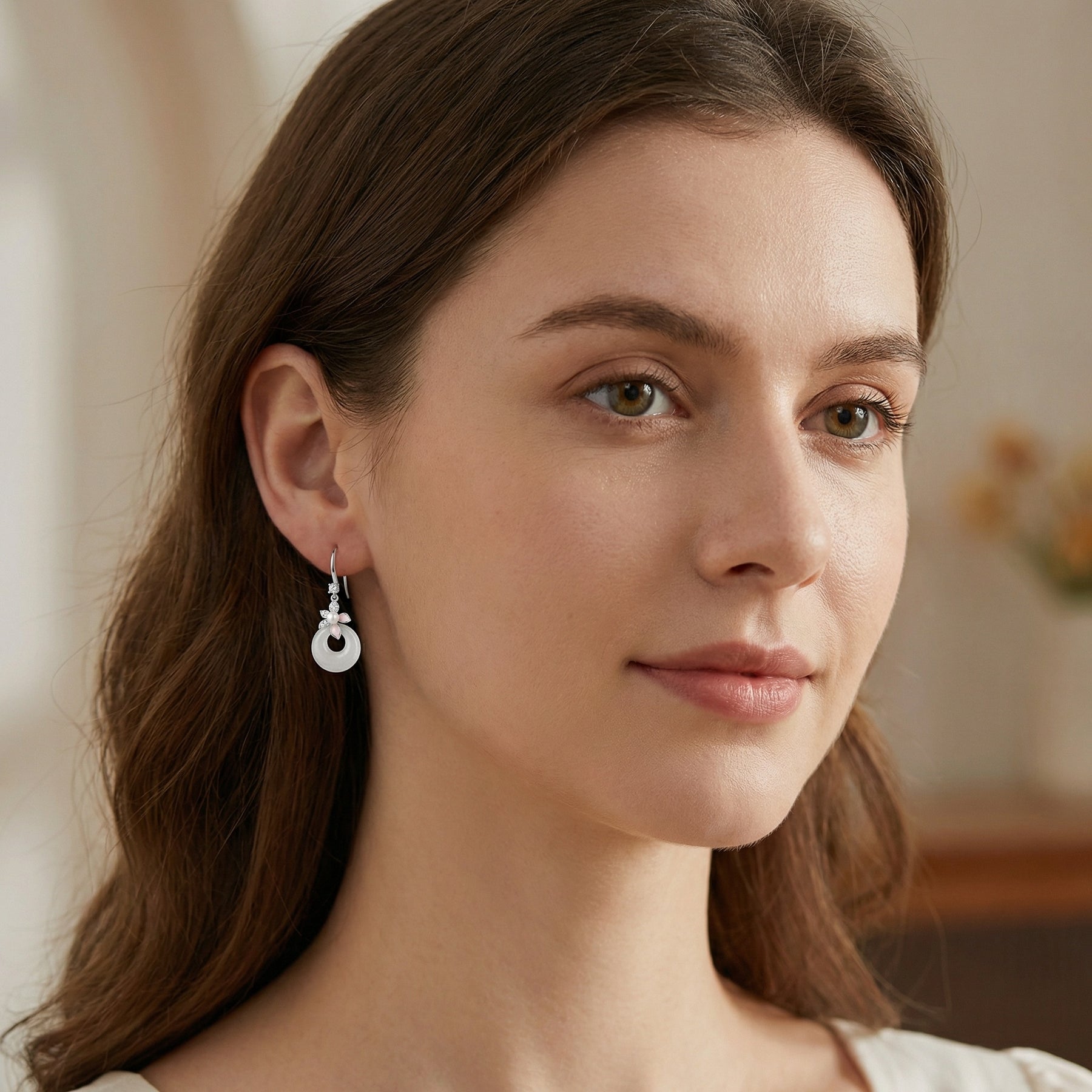 White Jade and Pearl Floral Drops – jade earrings, close-up