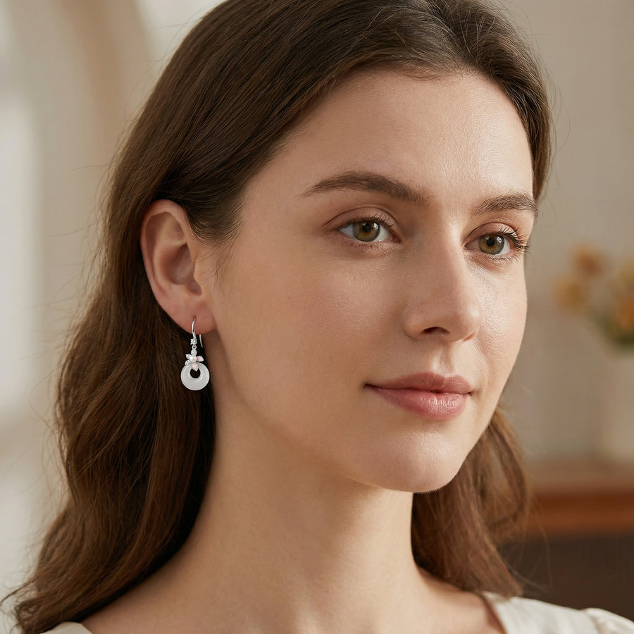 White Jade and Pearl Floral Drops – jade earrings, close-up