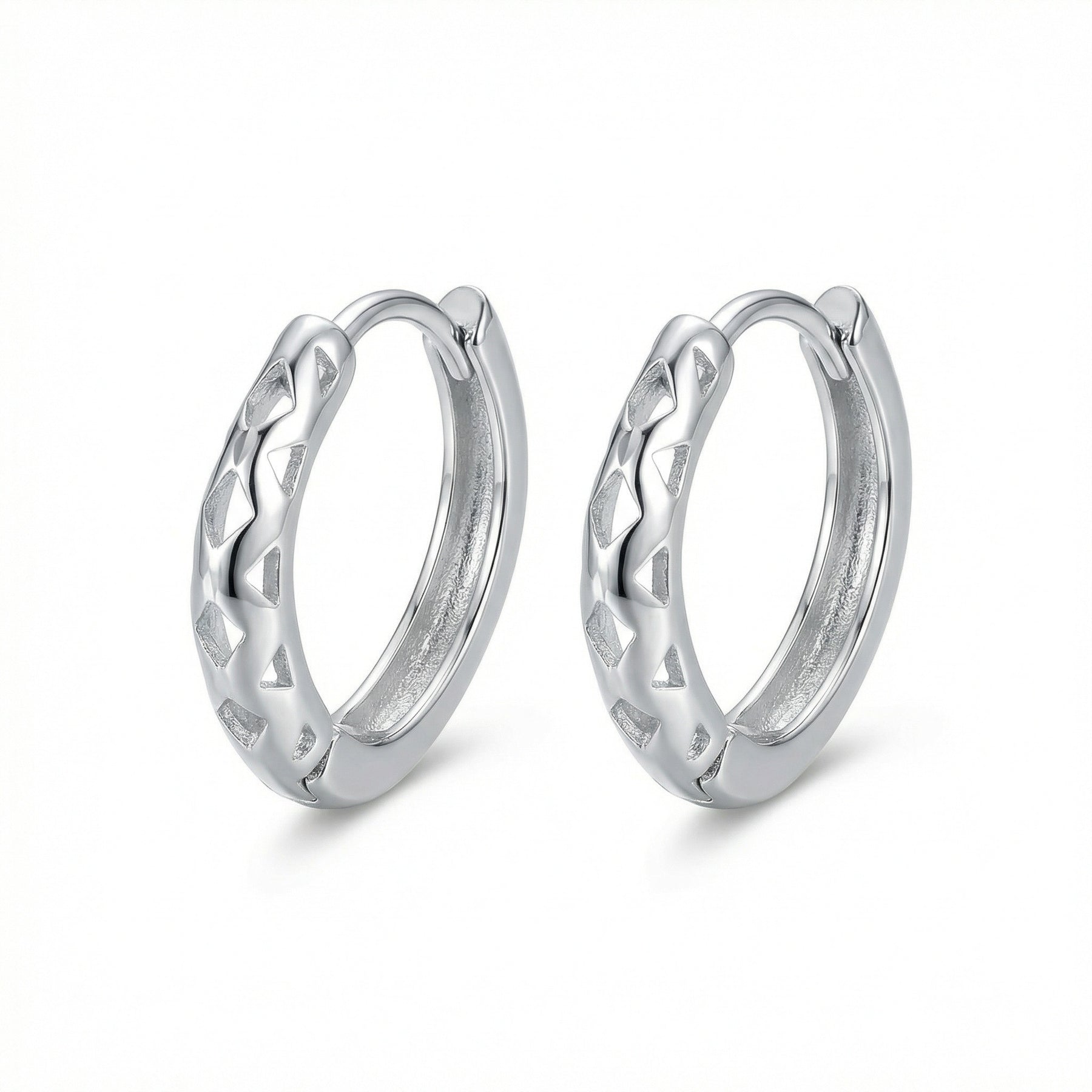 Geometric Cutout Silver Hoop Earrings – sterling silver earrings, front view