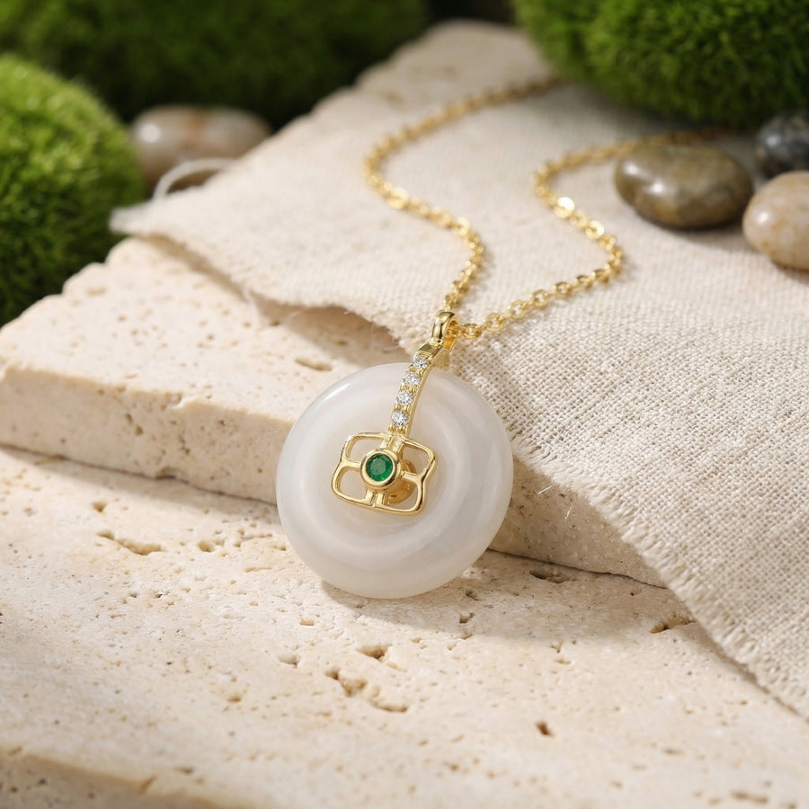 White Jade Circle Necklace, Green stone Accent – jade necklace, side detail