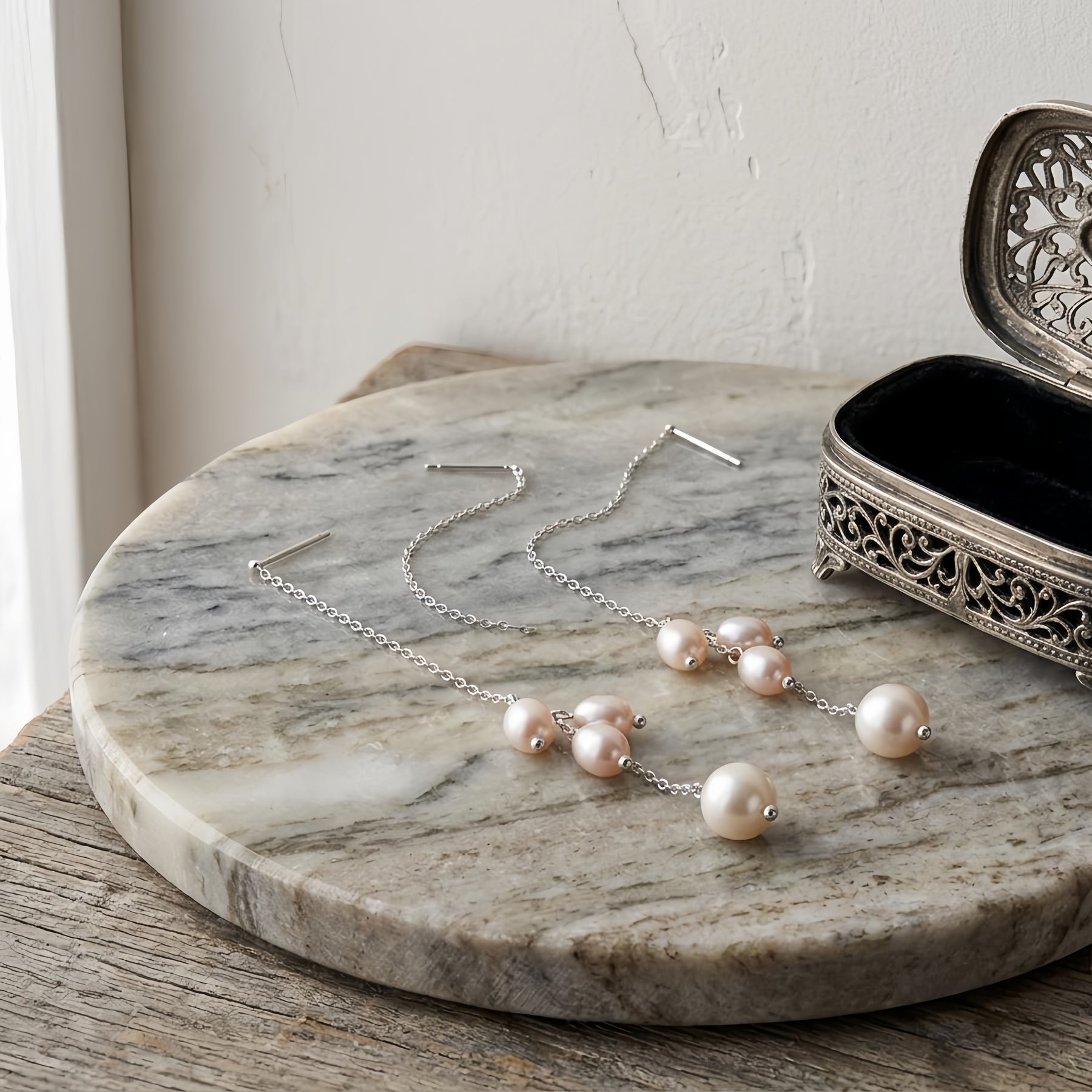Pearl Drop Earrings, Chain Cascade – pearl earrings, close-up