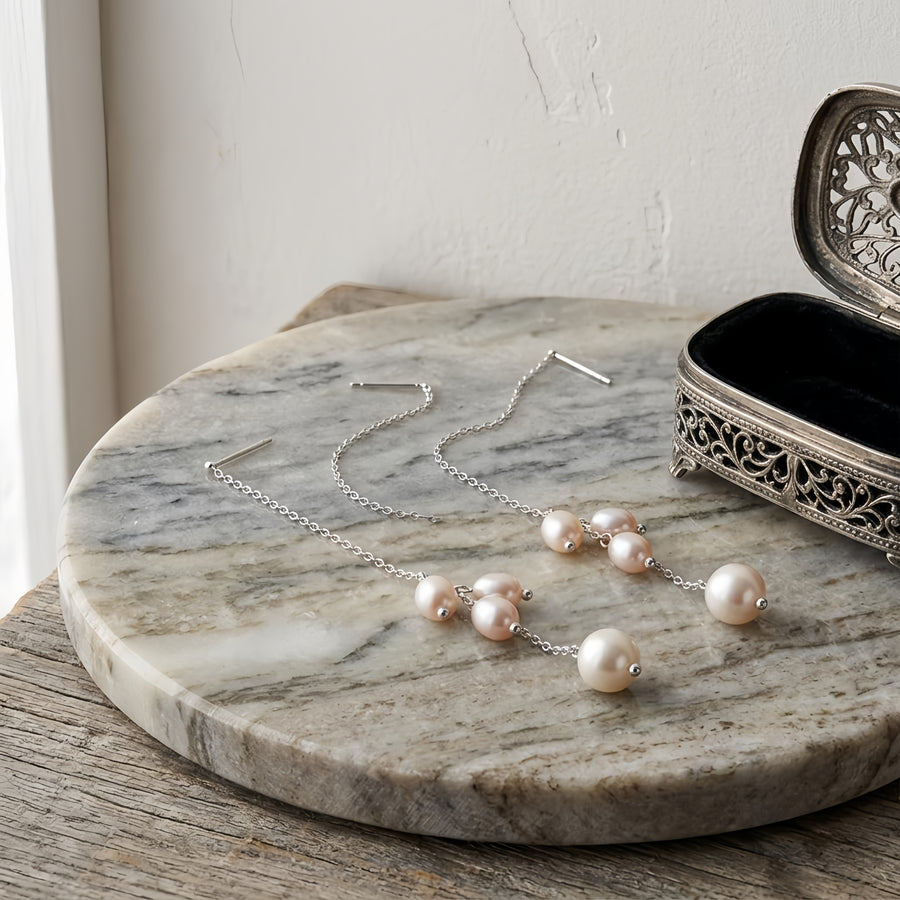 Pearl Drop Earrings, Chain Cascade – pearl earrings, close-up