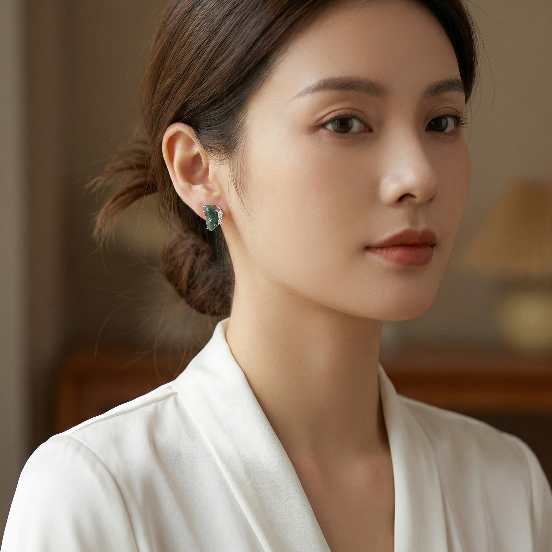 Carved Green Jade Butterfly Studs – jade earrings, front view