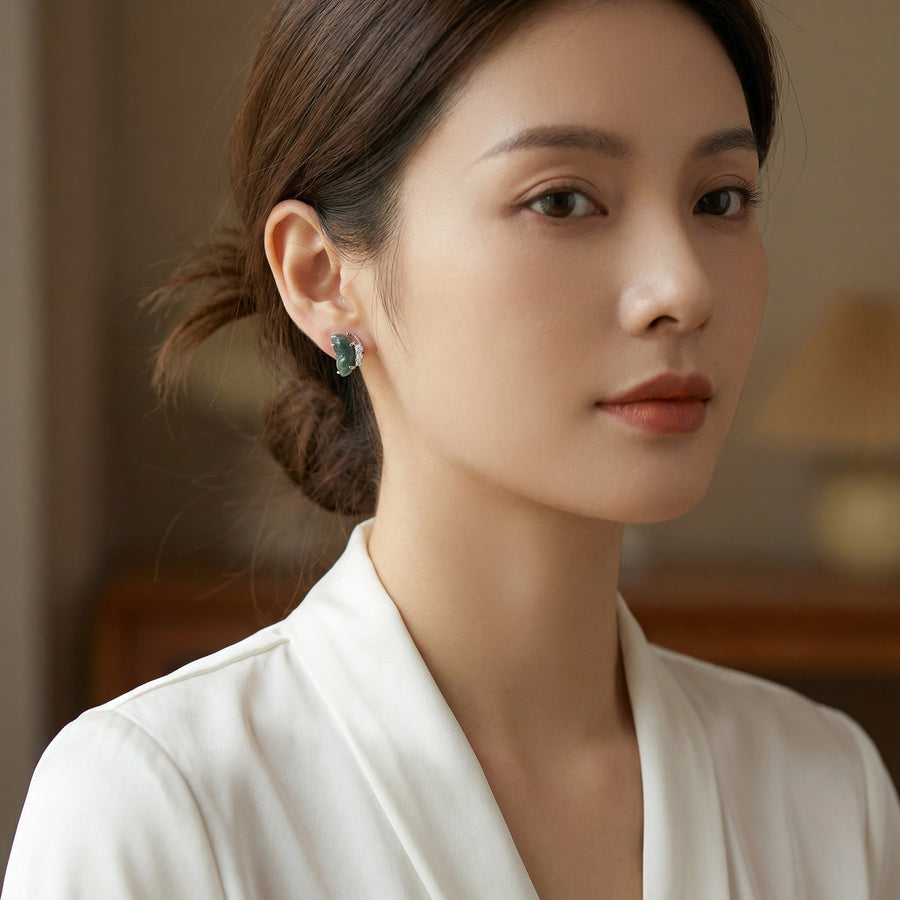 Carved Green Jade Butterfly Studs – jade earrings, front view