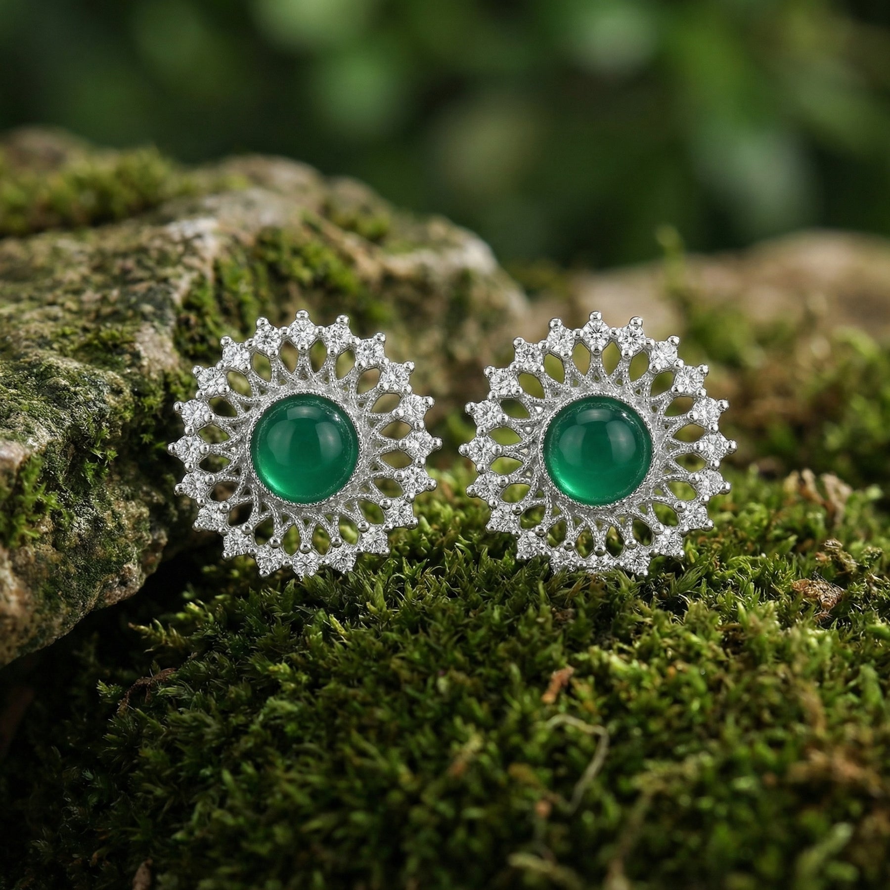 Floral Green Gemstone Stud Earrings – sterling silver earrings, close-up