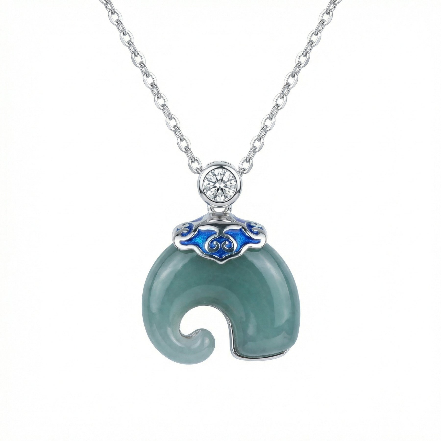Green Jade Necklace with Blue Enamel Cloud – jade necklace, front view