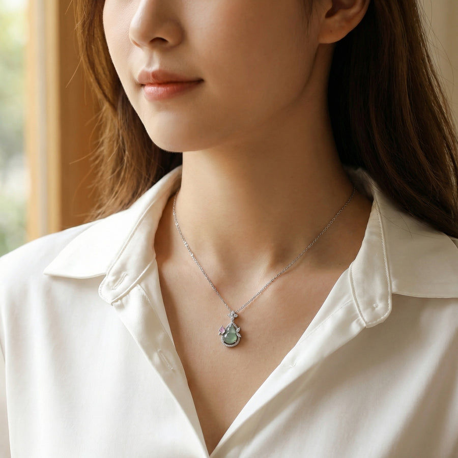 Jadeite Gourd Necklace with Pink Detail – jade necklace, close-up