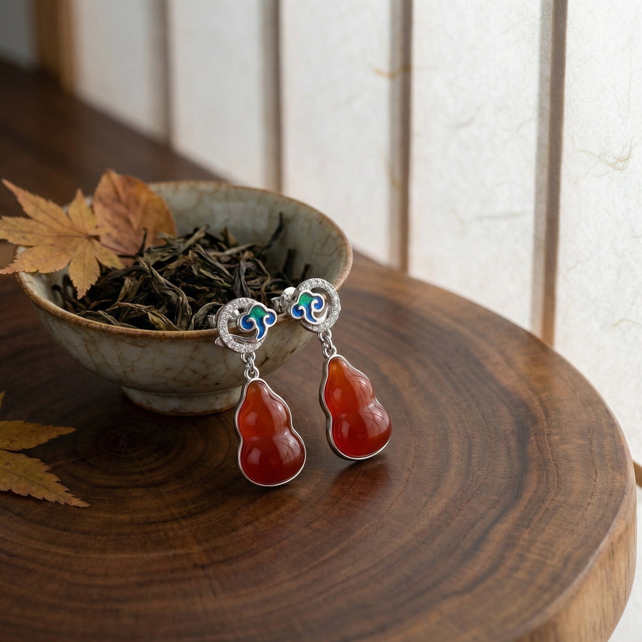 Red Agate Gourd Drop Earrings – agate earrings, close-up