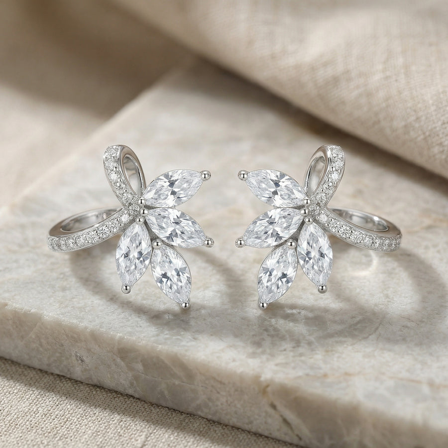 Marquise Floral Ribbon Stud Earrings – sterling silver earrings, side detail