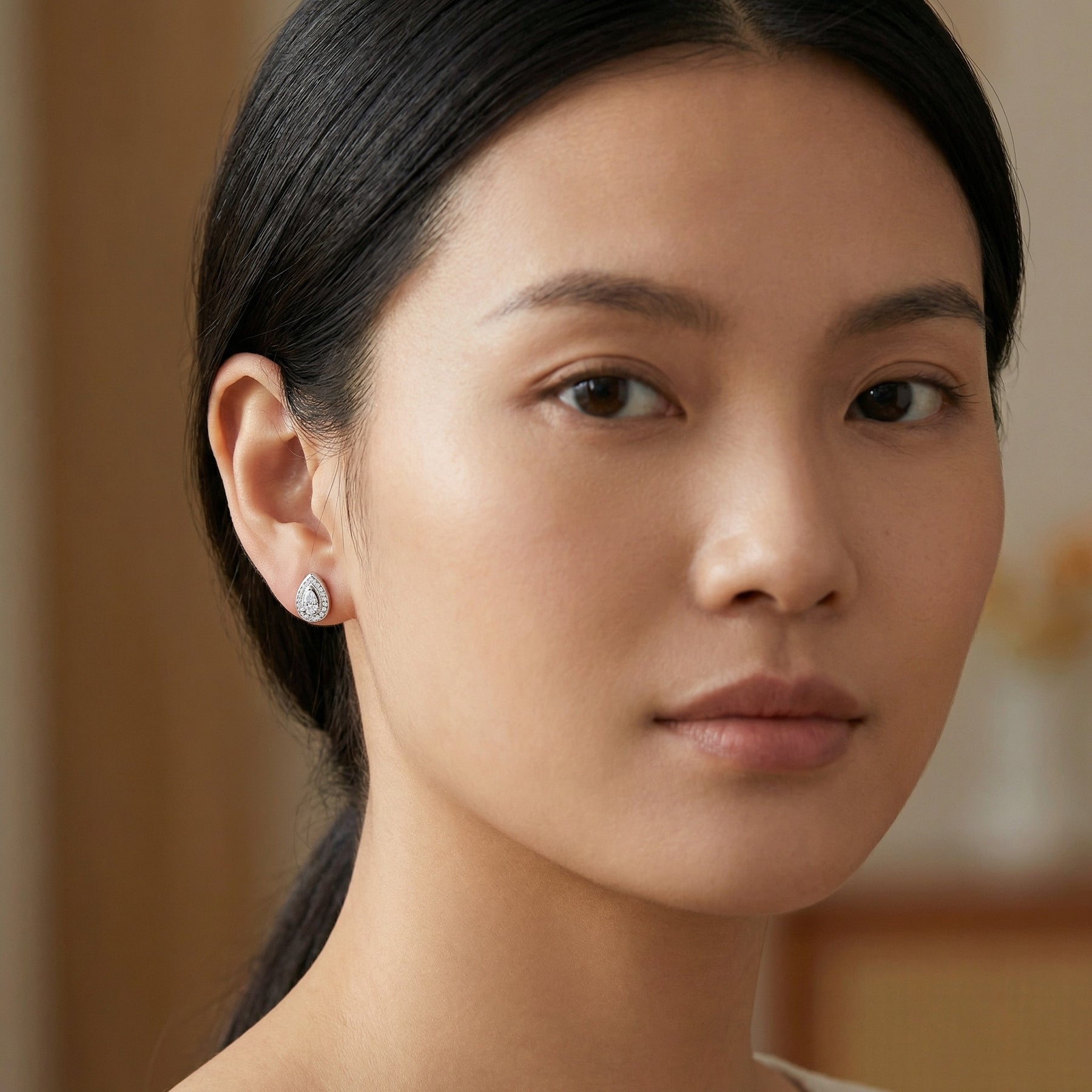 Pear-Cut Halo Teardrop Studs – sterling silver earrings, side detail
