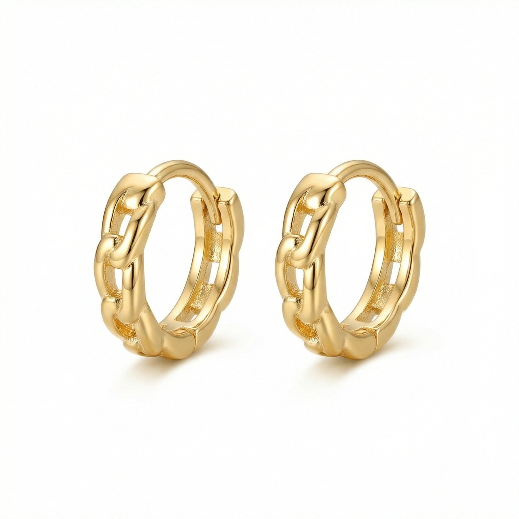 Chain-Link Huggie Hoop Earrings – sterling silver earrings, close-up