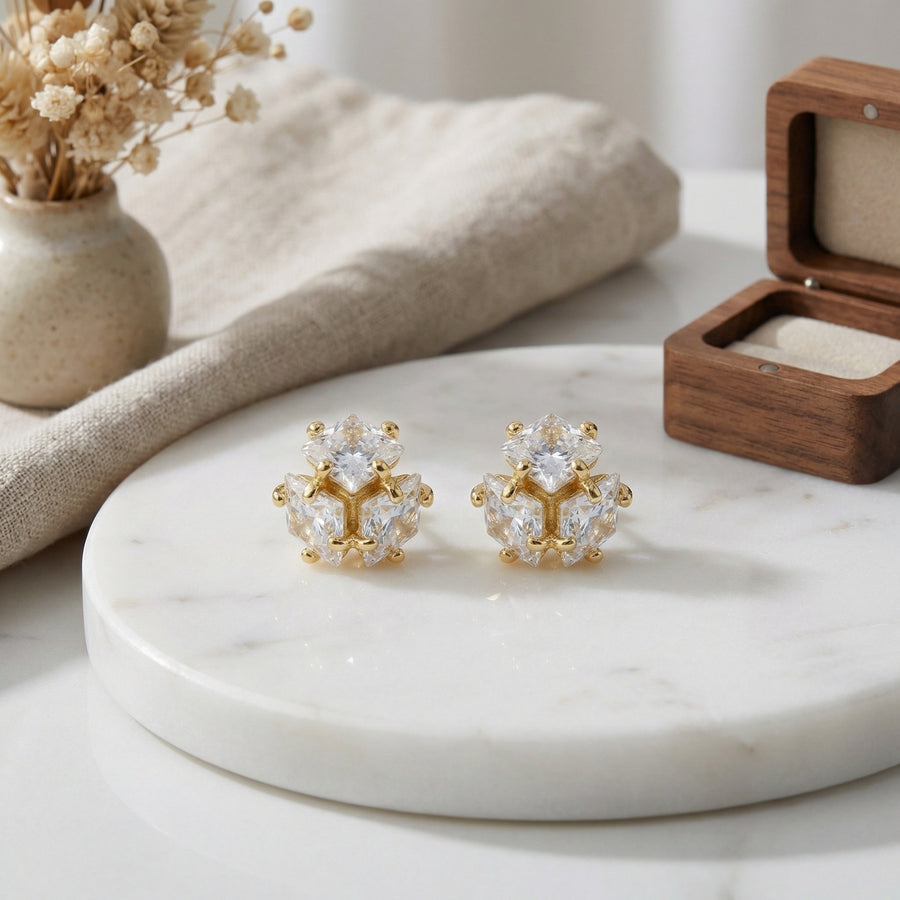 Triple Trillion-Cut Cluster Studs – sterling silver earrings, close-up
