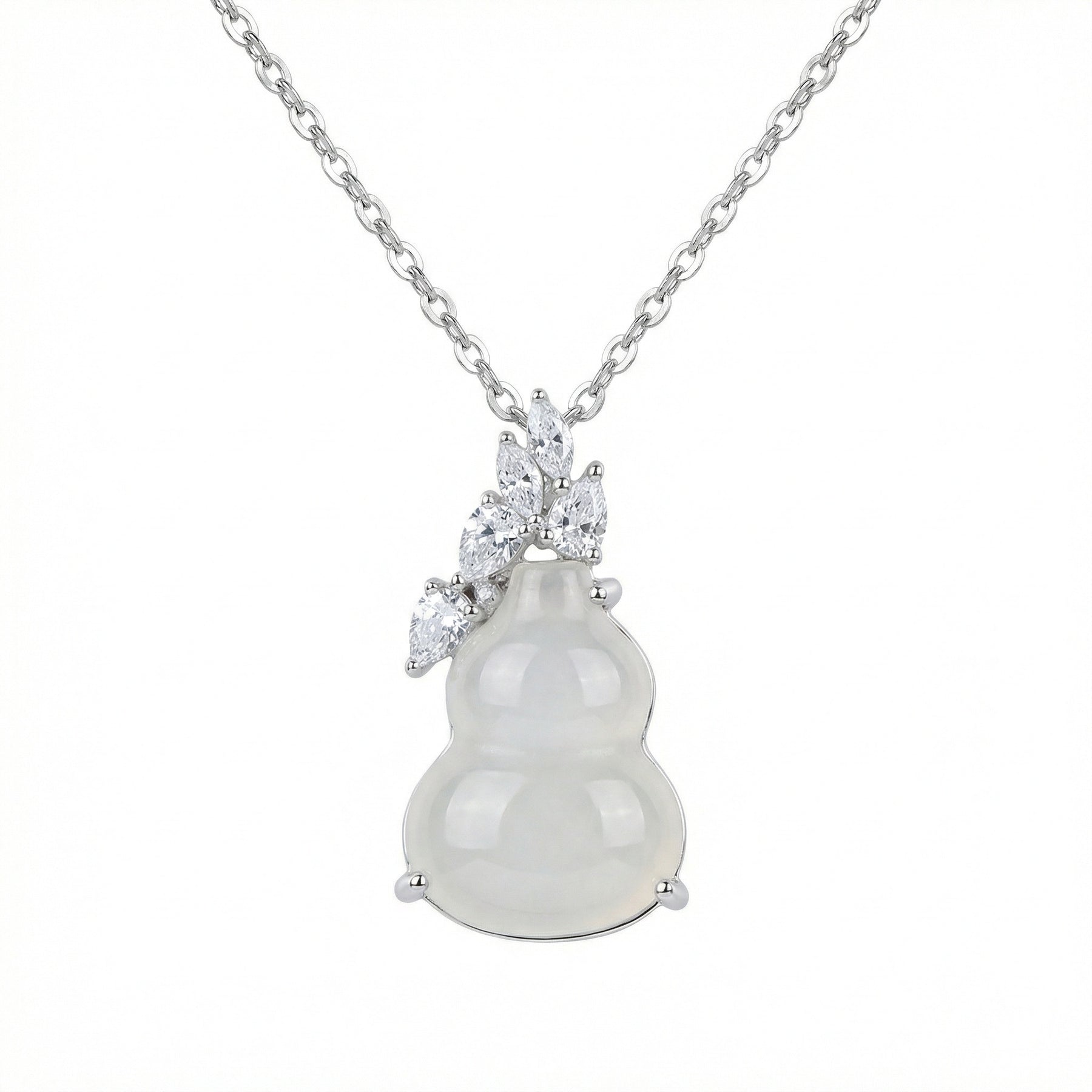 White Jade Gourd Necklace, Sparkling stone Leaves – jade necklace, side detail