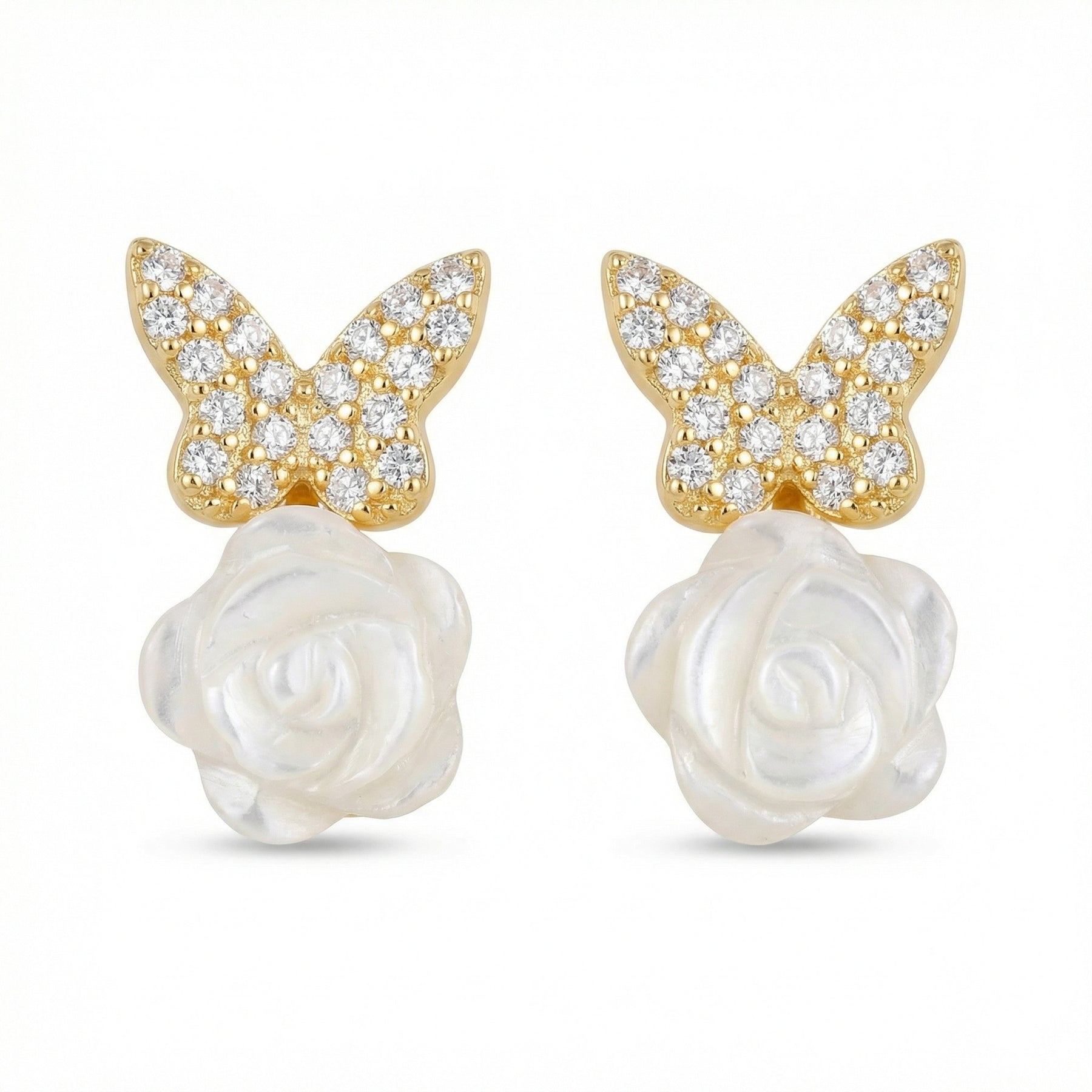 Butterfly and Pearl Rose Earrings – pearl earrings, side detail