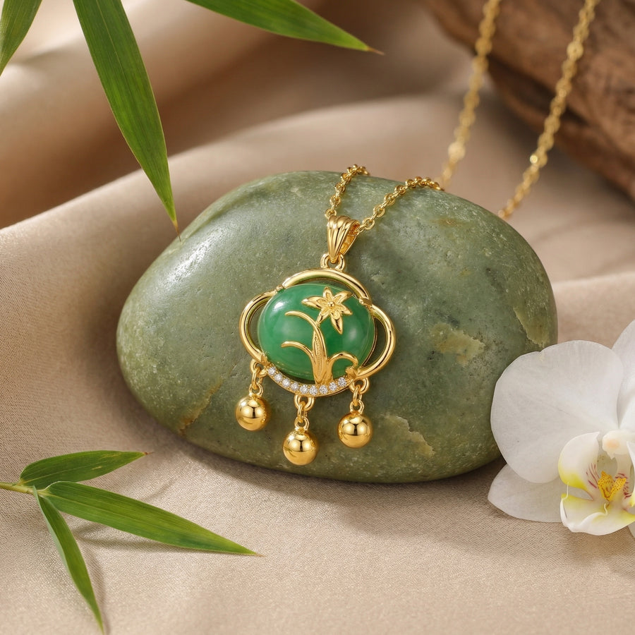 Deep green Floral Triple Dangle Necklace – green stone earrings, side detail