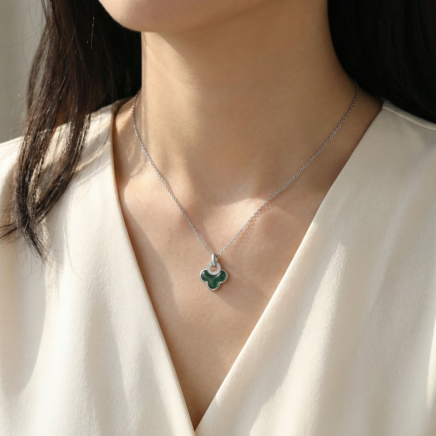 Malachite Clover Pendant Necklace – sterling silver necklace, close-up