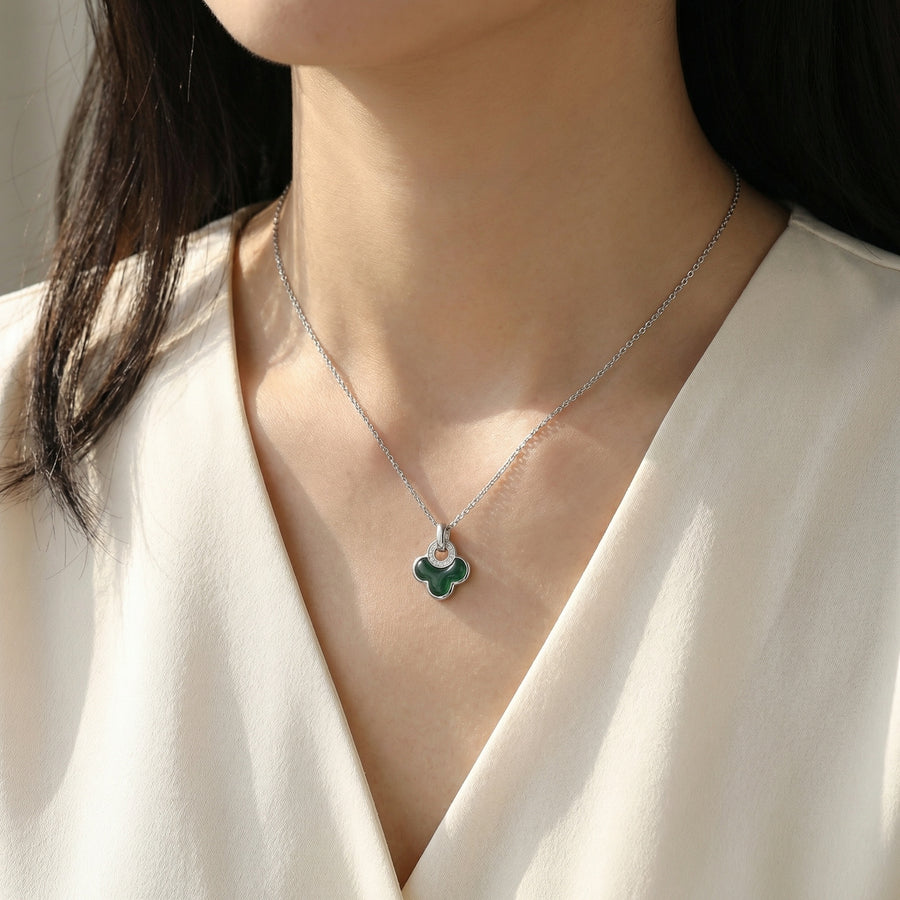 Malachite Clover Pendant Necklace – sterling silver necklace, close-up