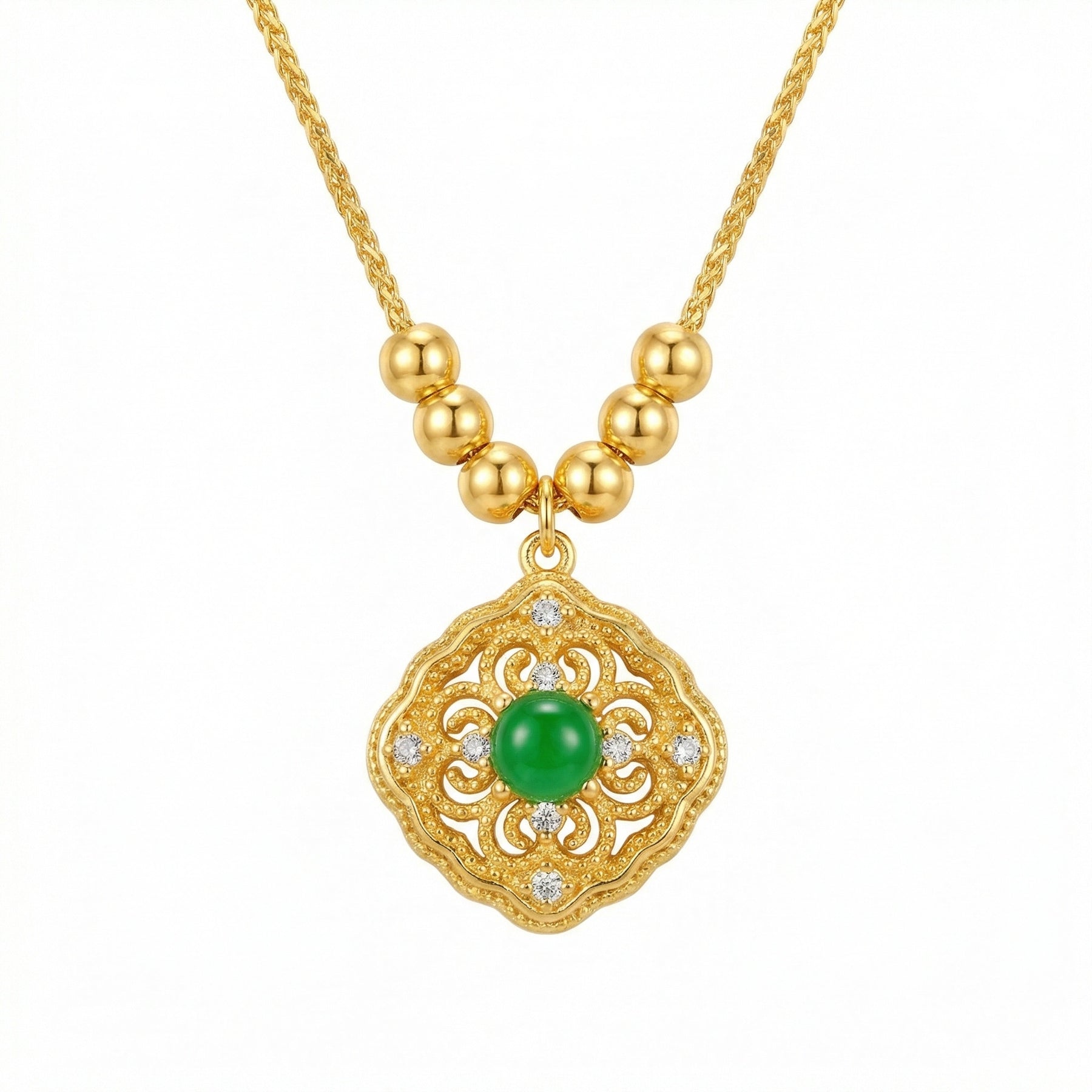 Ornate Filigree Green Cabochon Necklace – sterling silver necklace, side detail